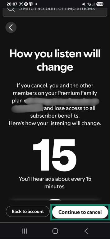 Select Continue to cancel.