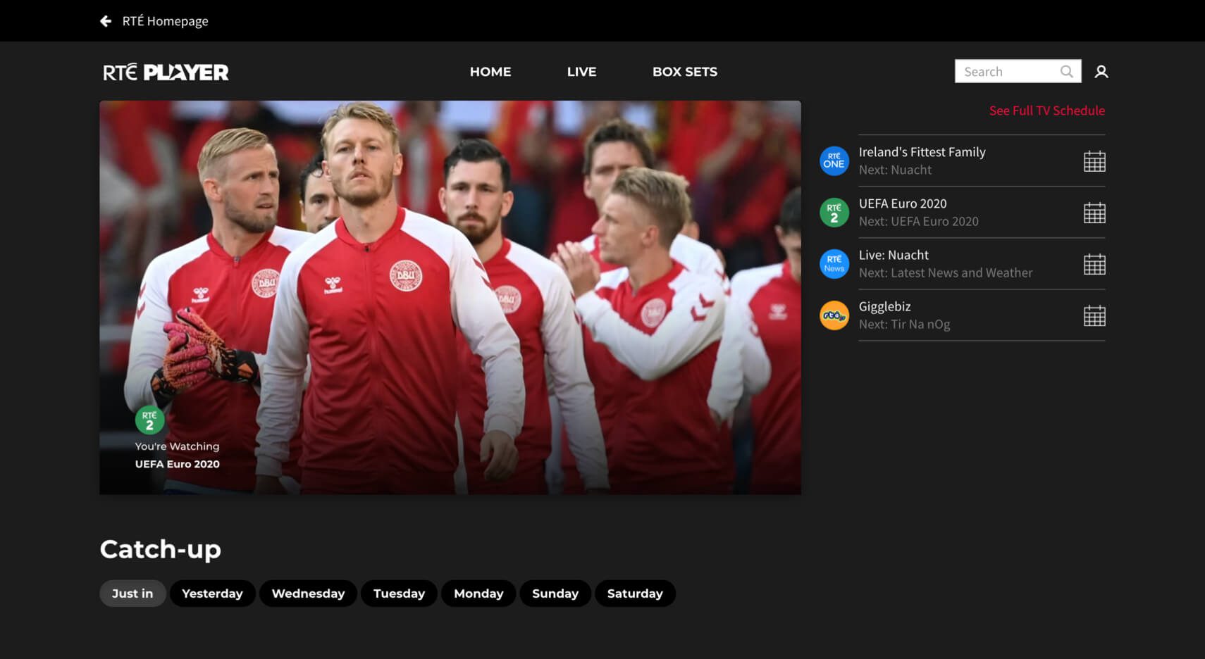 RTÉ Player em uma tela desktop.